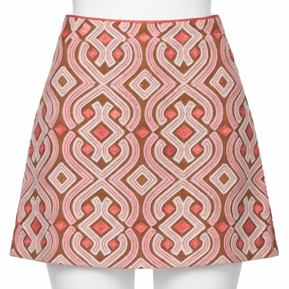 Anthropologie Embroidered Geometric Mini Skirt Size 4 Boho Resort Coral Cream